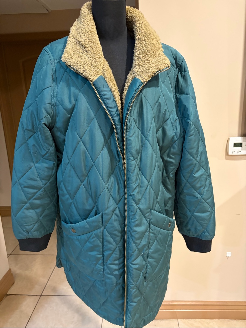 Weatherproof Teal Quilted Puffer Coat with Cream Sherpa Collar